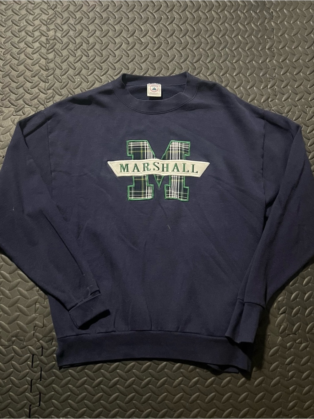 Delta Navy Crewneck Sweatshirt with Green Plaid 'M' Logo